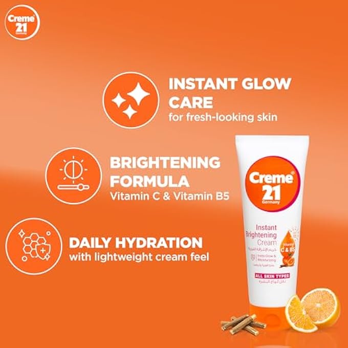 Creme 21 INSTANT BRIGHTENING CREAM - 100ML | FACE MOISTURIZER WITH VITAMIN C & PRO-B5 | INSTANT GLOW FROM DAY 1 | EVENS TONE & FADES DARK SPOTS WITH SPF 15 DAILY PROTECTION | BORN IN GERMANY - Image 3
